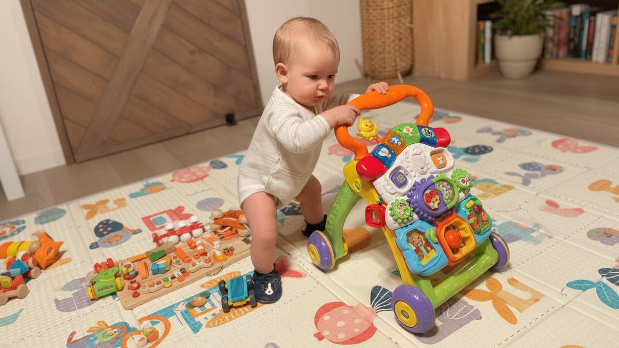 bébé avec chaussons en cuir debout 