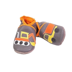 Chaussons en cuir souple artisanaux gris pour enfant avec pelleteuse et camion benne jaune et orange, finitions orange.