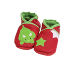 Chaussons bébé en cuir souple rouge avec dinosaure vert et étoile.