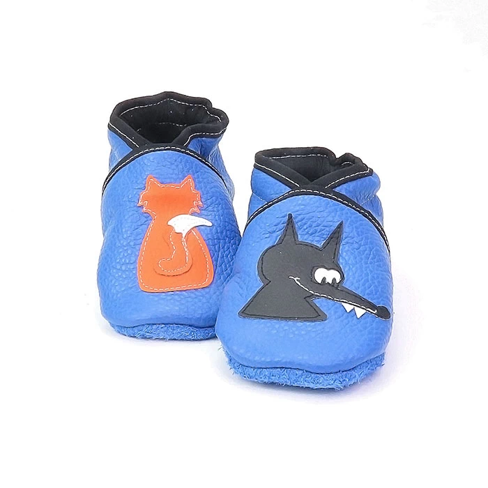 chausson artisanal cuir souple thème loup et renard