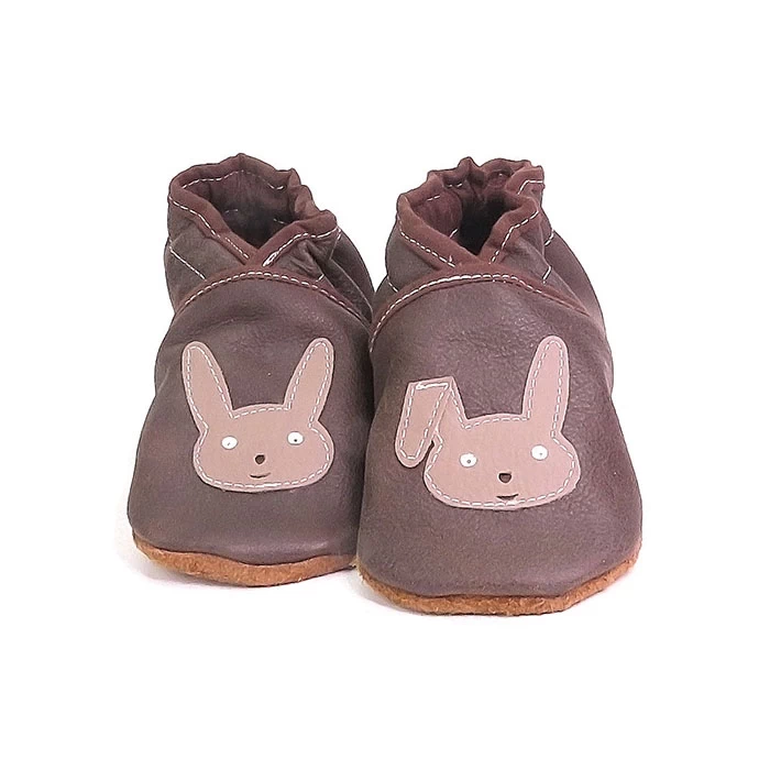 Chaussons cuir souple marron lapin