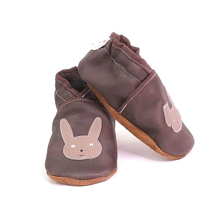 Chaussons cuir souple marron lapin