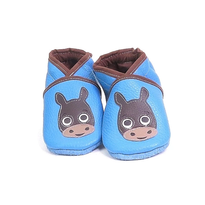 Chaussons cuir souple bleu turquoise thème poulain
