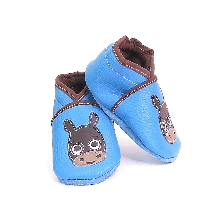 Chaussons cuir souple bleu turquoise thème poulain