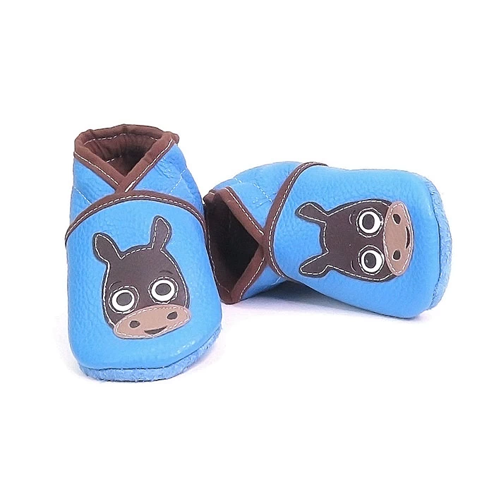 Chaussons cuir souple bleu turquoise thème poulain