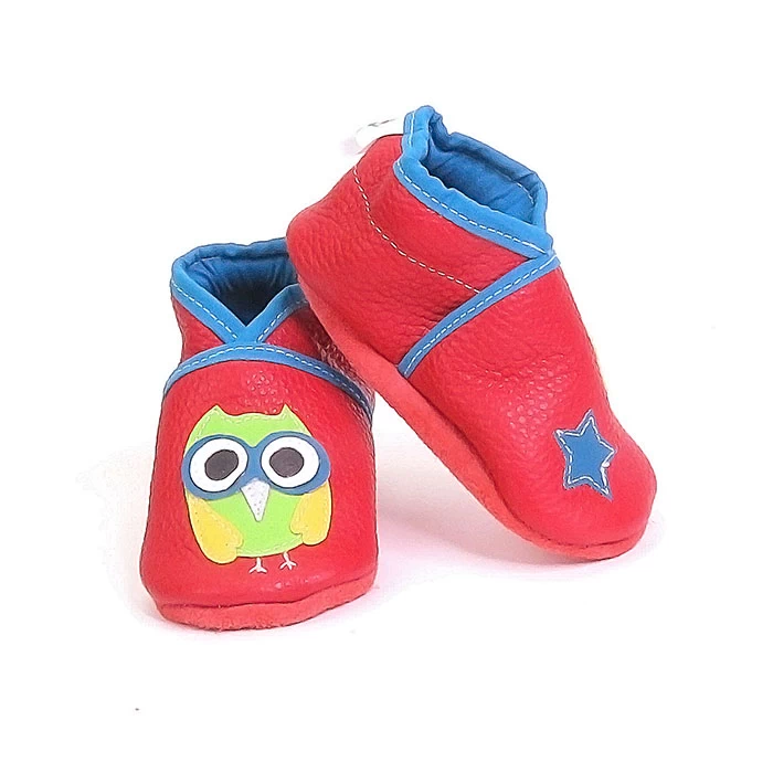 Chaussons cuir souple rouge Hibou et étoiles
