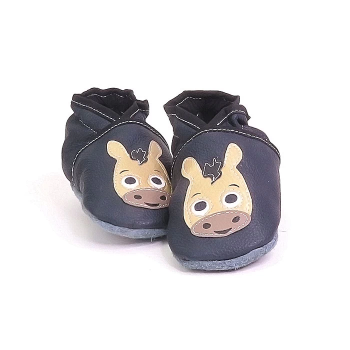 Chaussons cuir souple noir thème poulain crinière