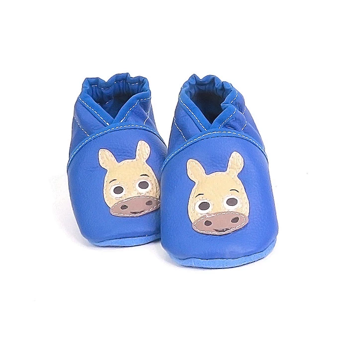 Chaussons cuir souple bleu thème poulain