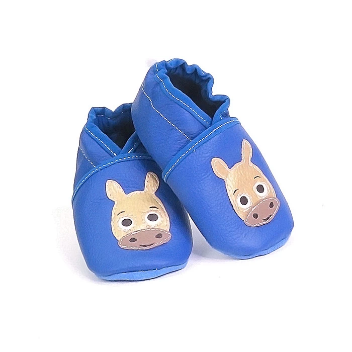 Chaussons cuir souple bleu thème poulain