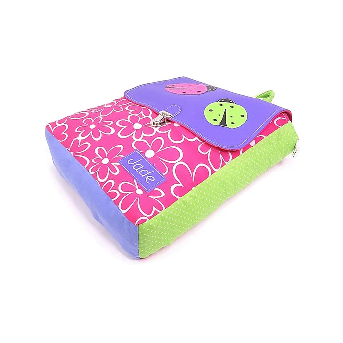 sac maternelle tons rose violet vert 2 coccinelles une pâquerette