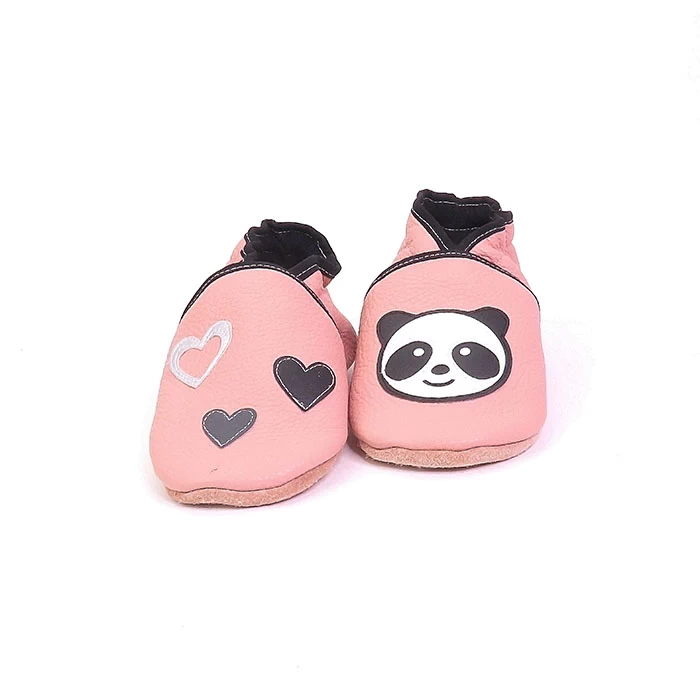 Chaussons cuir souple - Panda & coeurs
