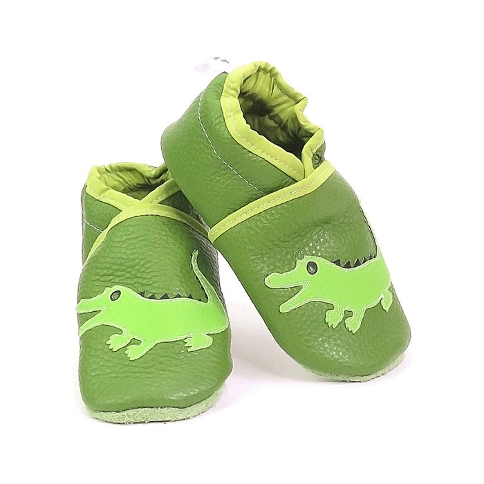 Chaussons cuir souple vert crocodile