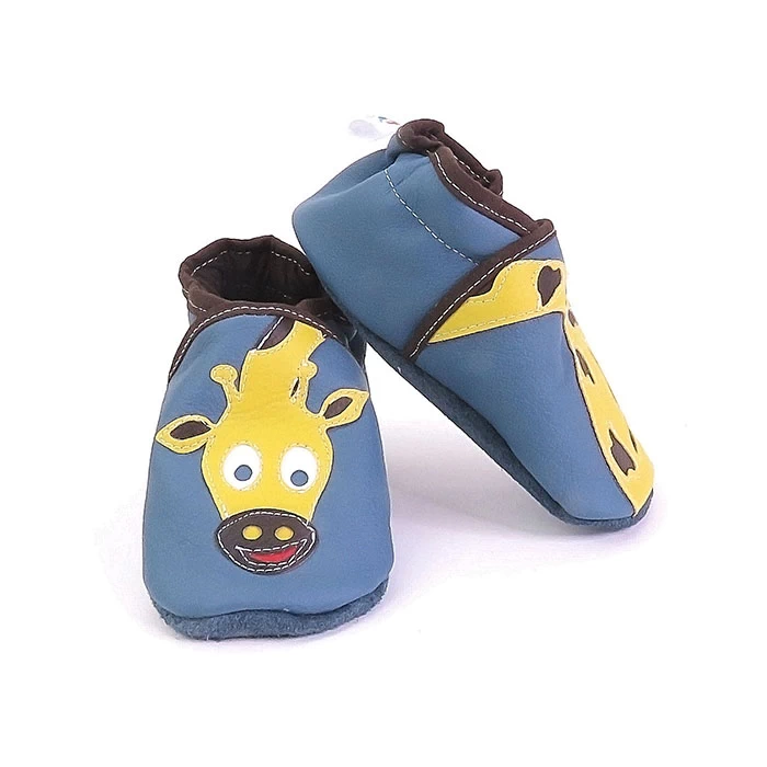 Chaussons cuir souple bleu girafe