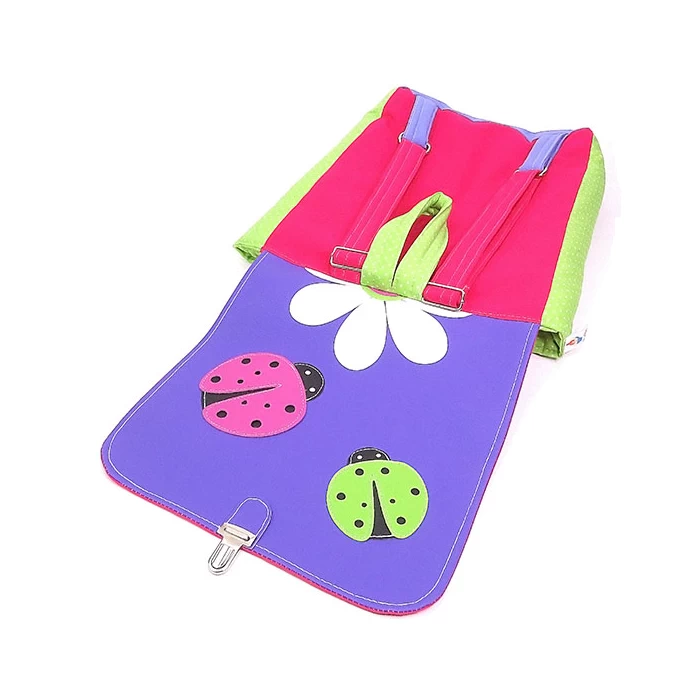 sac maternelle tons rose violet vert 2 coccinelles une pâquerette