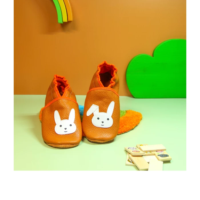 Chaussons cuir souple orange - lapin 27/28