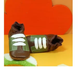 Chaussons bébé Les P’tits Lacets – cuir marron & vert pointure 21/22 faits main