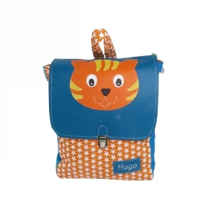sac orange et bleu avec une tête de tigre