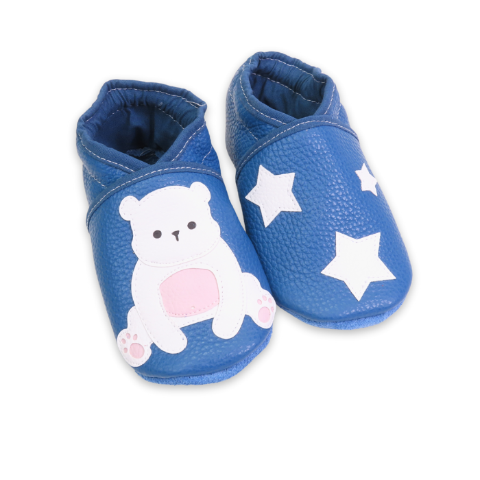 Chaussons cuir souple bleu - ourson blanc 23/24