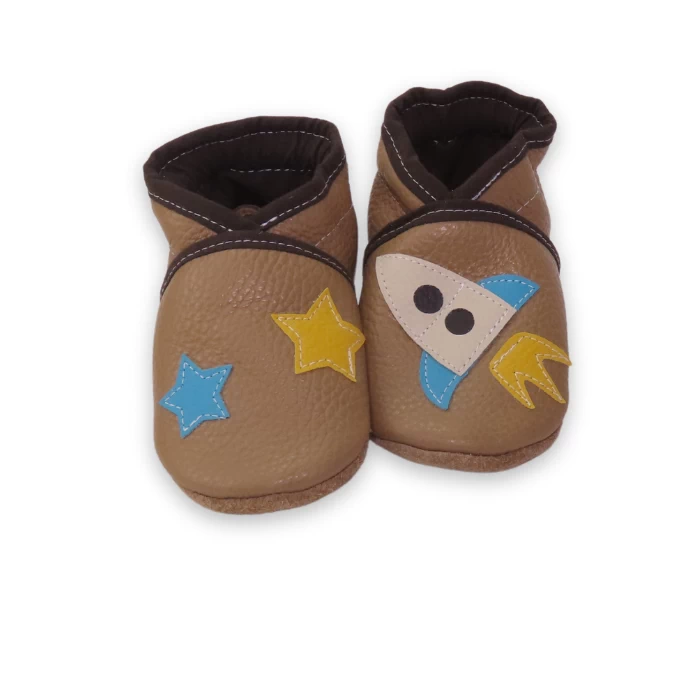 Chaussons cuir souple cappuccino - fusée dans les étoiles 19/20