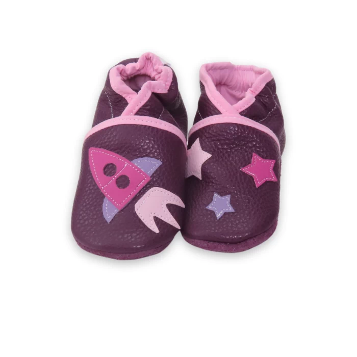 Chaussons cuir souple prune - fusée et étoiles 21/22