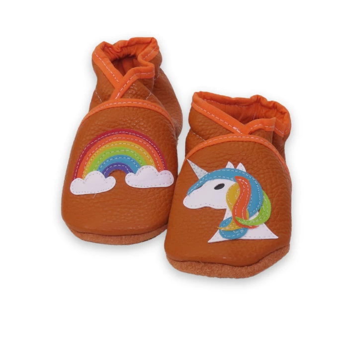 Chaussons cuir souple orange - licorne et arc en ciel 21/22