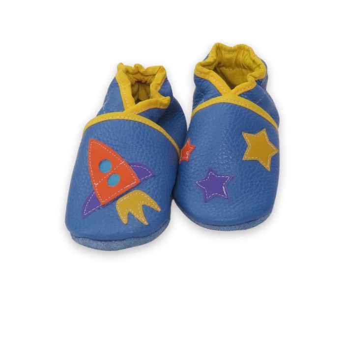 Chaussons cuir souple bleu - fusée et étoiles 21/22