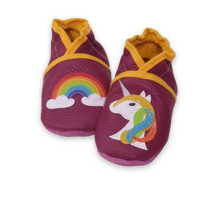 Chaussons cuir souple prune- Chaussons licorne 21/22