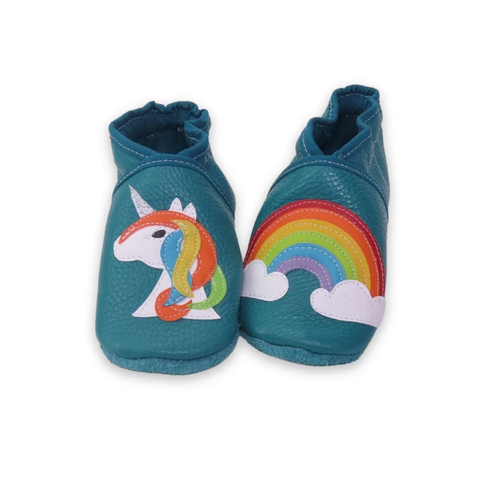 Chaussons cuir souple - Licorne & arc en ciel