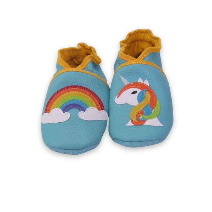 Chaussons cuir souple turquoise - Licorne et arc en ciel 27/28