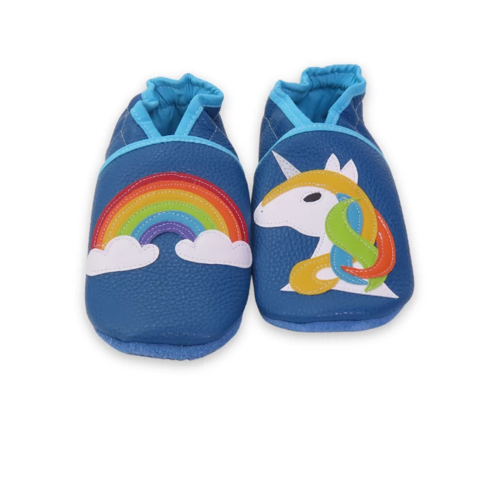 Chaussons cuir souple bleu - Licorne et Arc en ciel 31/32