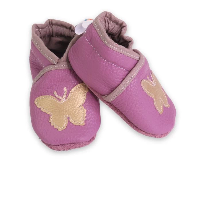 Chaussons Souples en Cuir Vieux Rose - Pointure 17/18 - Papillons Bronze