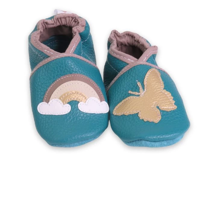 Chaussons cuir souple émeraude - Arc en ciel & papillon 19/20