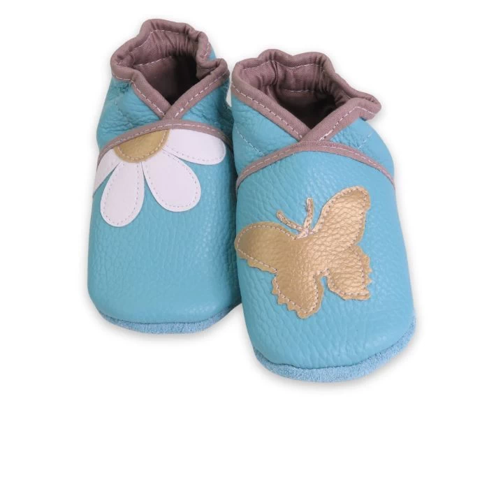 Chaussons cuir souple turquoise - Pâquerette & Papillon 21/22
