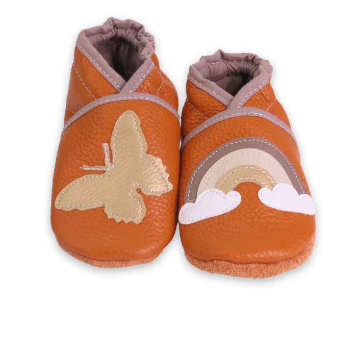 Chaussons cuir souple orange - Papillon & Arc en ciel 21/22