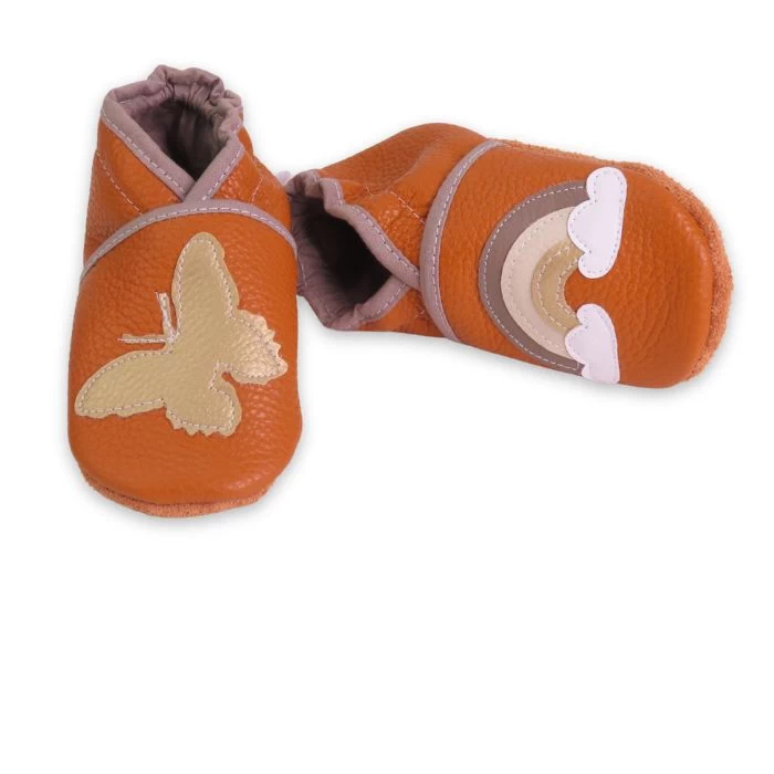 chaussons souple en cuir orange papillon et arc en ciel 21/22