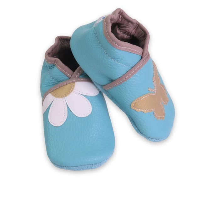 chaussons souple en cuir turquoise papillon et paquerette 21/22