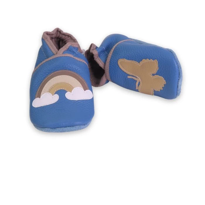 chaussons souple en cuir bleu papillon et arc en ciel 25/56