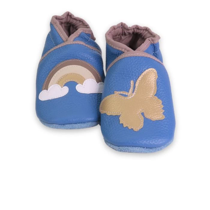 Chaussons cuir souple bleu- Papillon & arc en ciel 25/26