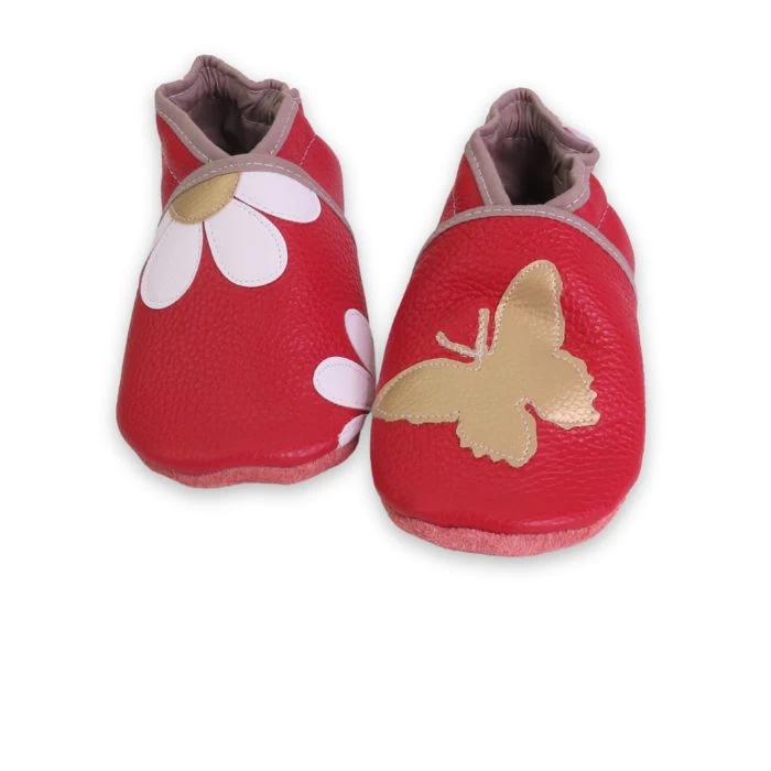 Chaussons cuir souple rouge - Papillon & Marguerites 27/28
