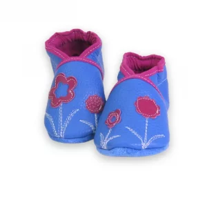 Chaussons cuir souple bleu- fleurette 19/20