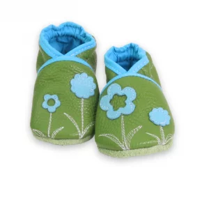 Chaussons cuir souple vert- fleurette 19/20