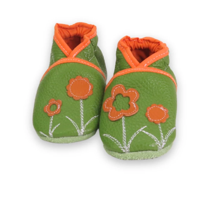 Chaussons cuir souple vert - fleurette 19/20