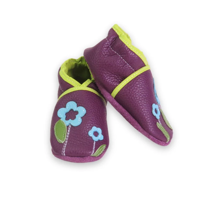 Chaussons cuir souple prune - fleurette feuille verte 21/22
