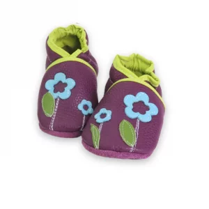 Chaussons cuir souple prune - fleurette feuille verte 21/22