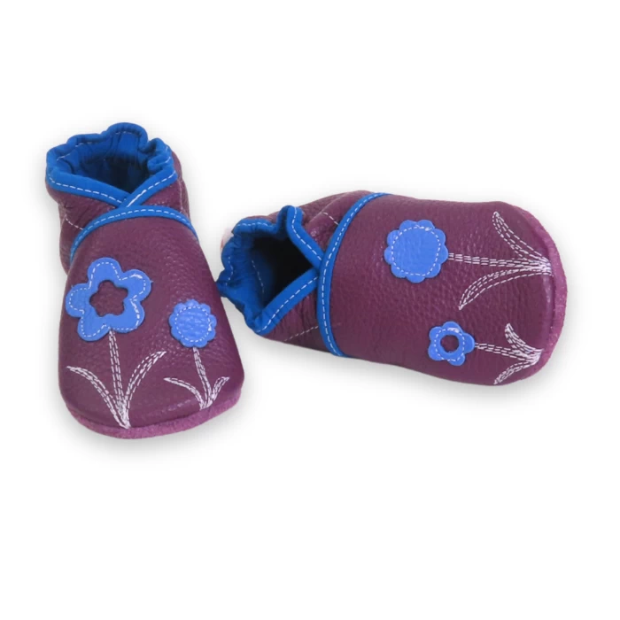 Chaussons cuir souple prune - fleurette 21/22