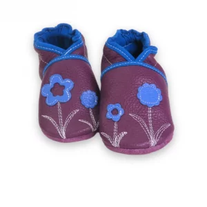Chaussons cuir souple prune - fleurette 21/22