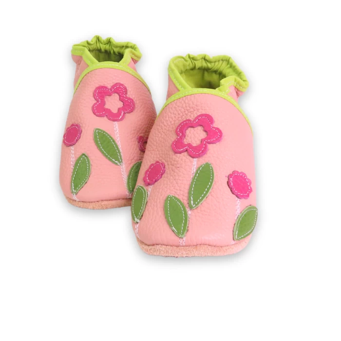 chaussons souple en cuir rose fleurette feuille verte 27/28