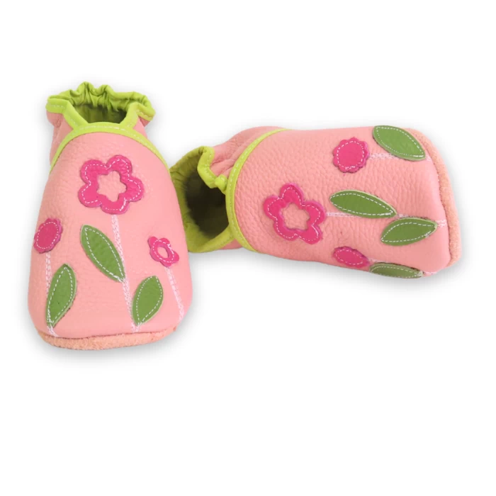 chaussons souple en cuir rose fleurette feuille verte 27/28