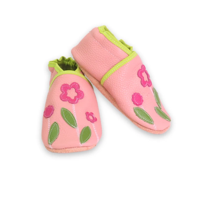 chaussons souple en cuir rose fleurette feuille verte 27/28