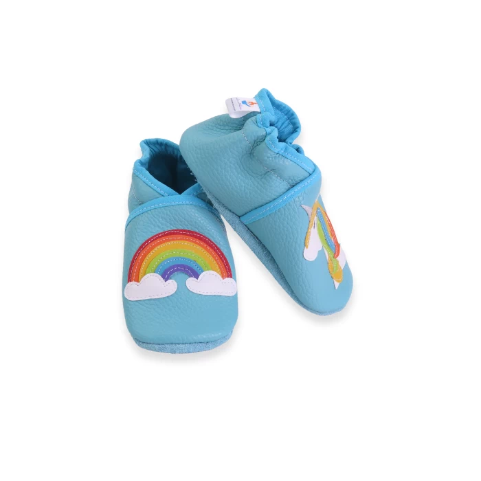 chaussons souple en cuir turquoise arc en ciel, licorne 23/24